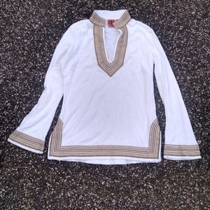 Tory Burch Gold and White Terry Cloth Bell Sleeve